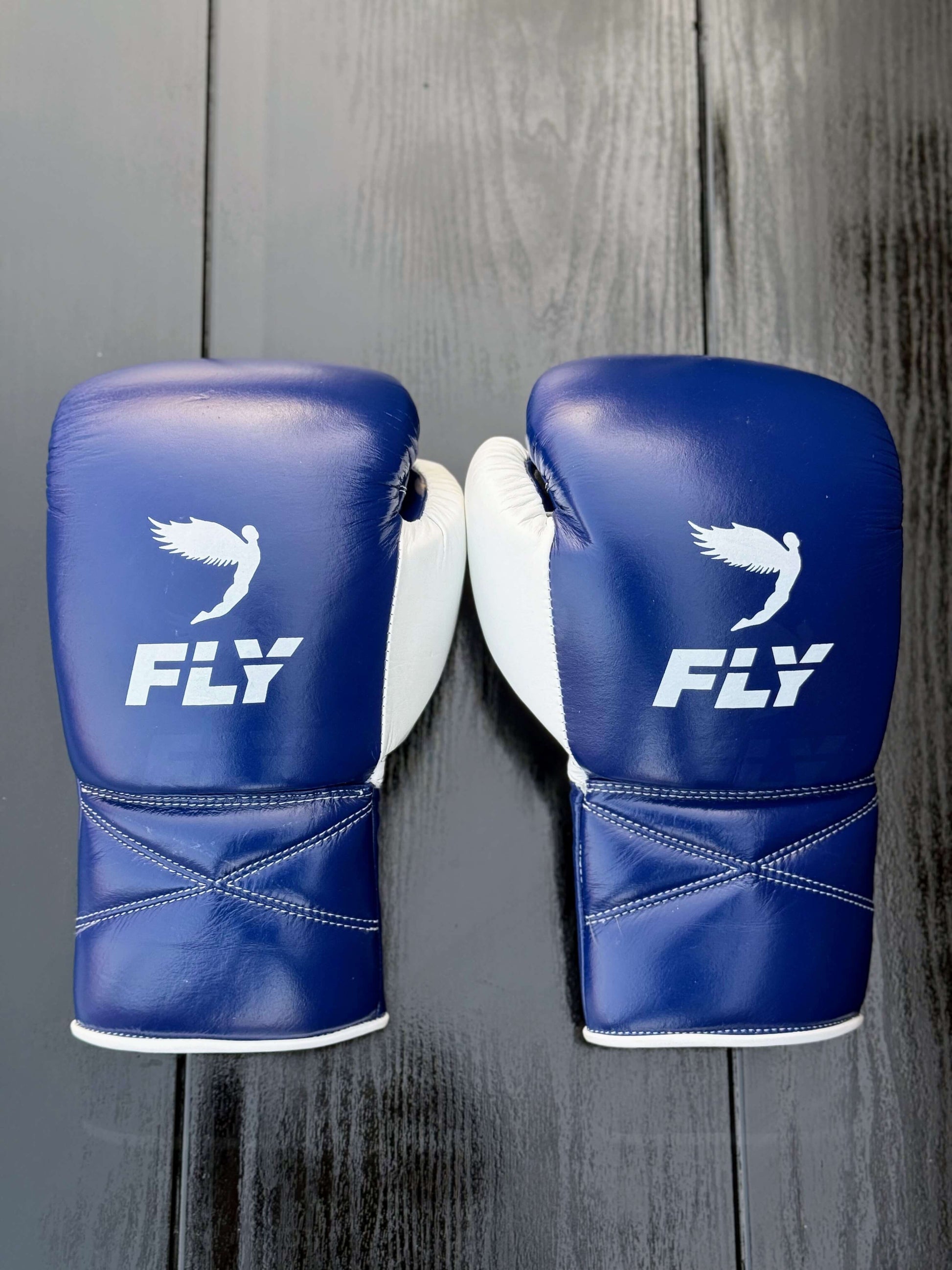 Fly Boxing Gloves Blue/White Curved Leather Gloves Back View