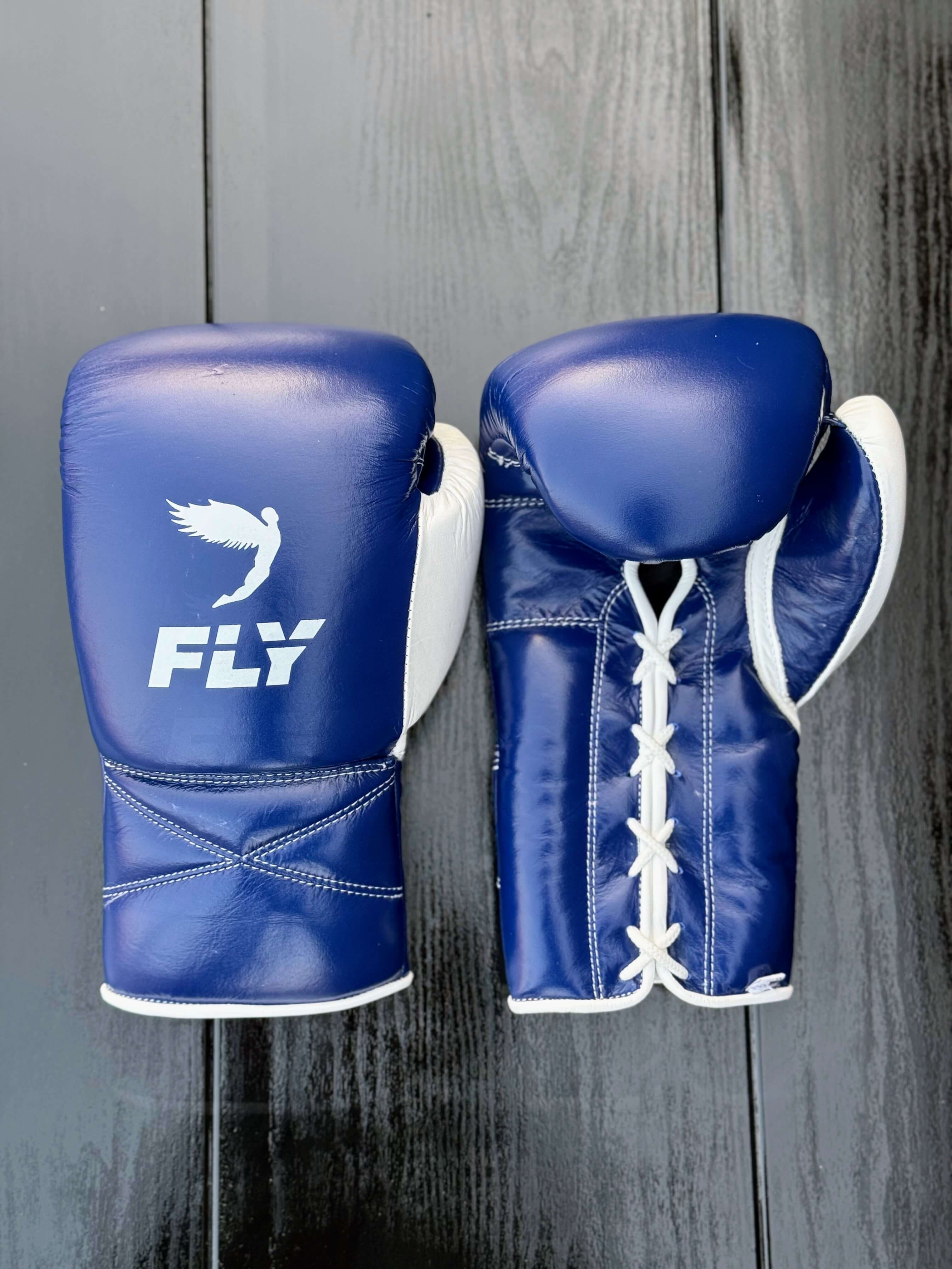 Fly Boxing Gloves Blue/White Curved Leather Gloves Front View
