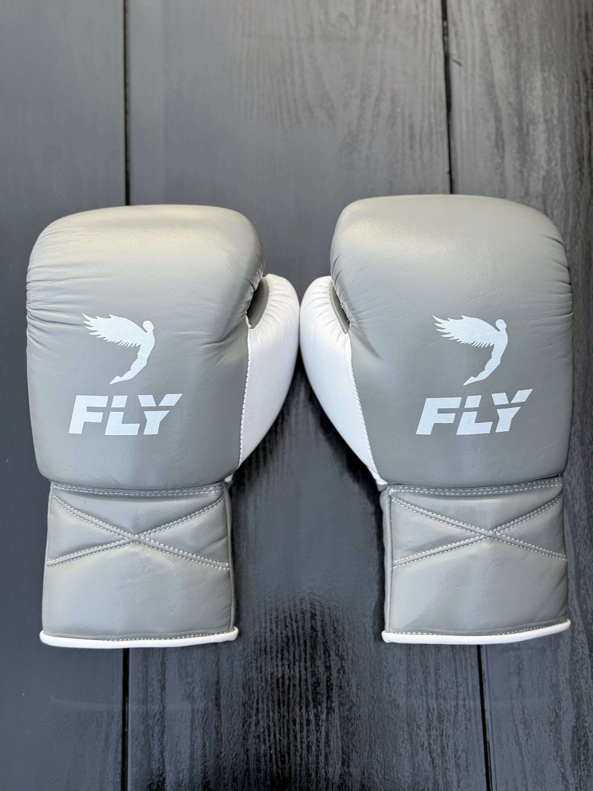 Fly Boxing Gloves Grey/White Leather Training Gloves Back View