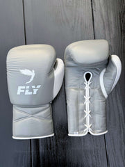 Fly Boxing Gloves Grey/White Leather Training Gloves Front View