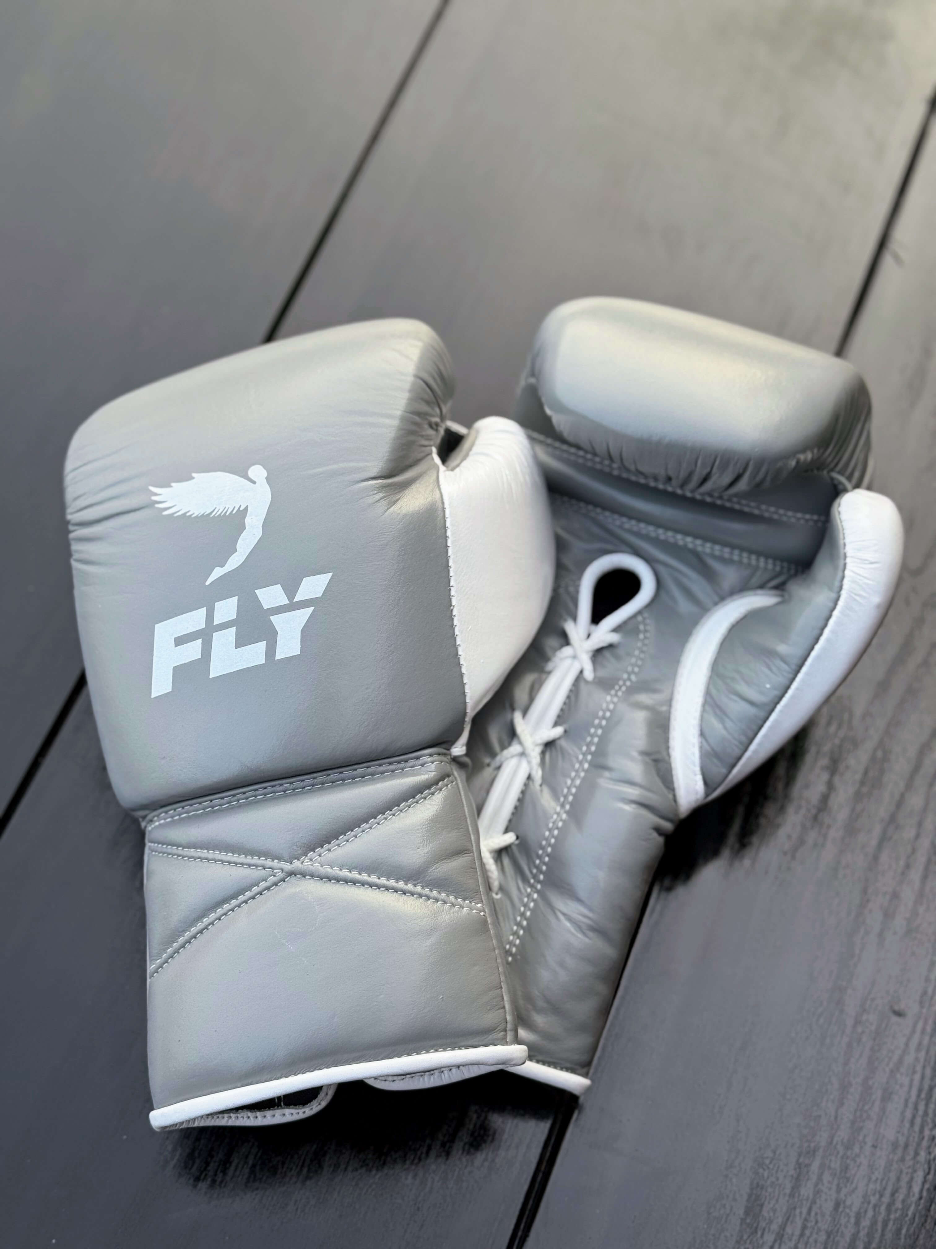 Fly Boxing Gloves Grey/White Leather Training Gloves for Sparring