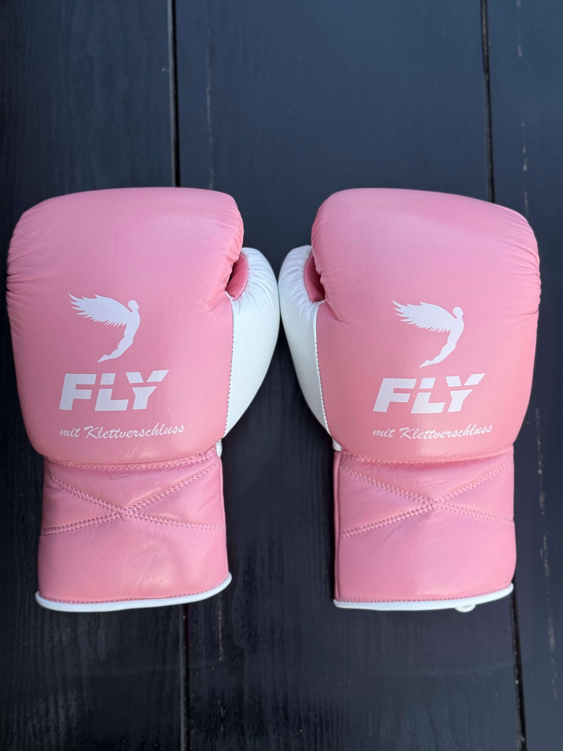 Fly Boxing Gloves Pink/White Padded Leather Training Gloves Back View