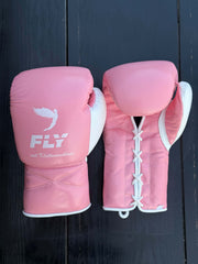 Fly Boxing Gloves Pink/White Padded Leather Training Gloves Front View
