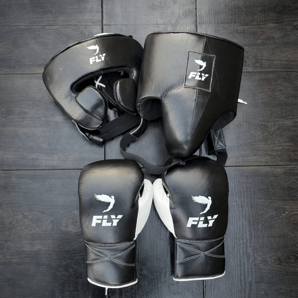 Fly Black/White Full Boxing Set Gloves Headguard Groin Guard