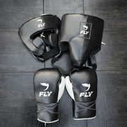 Fly Black/White Full Boxing Set Gloves Headguard Groin Guard
