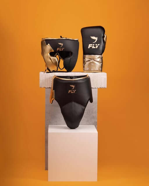 Fly Complete Boxing Set Brown/Gold Gloves Headguard Training Bundle