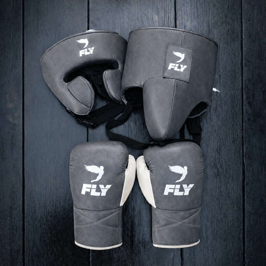 Fly Complete Boxing Set Dark-Gray/White Gloves Headguard Training Bundle