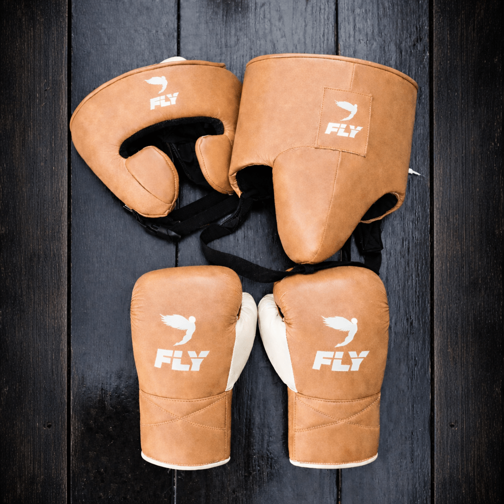 Fly Light-Brown/White Boxing Set Fitness Training Gloves Headguard