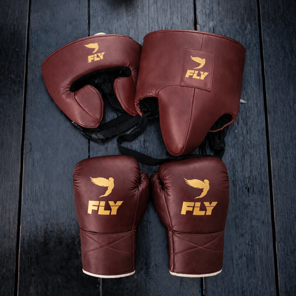 Fly Maroon/Gold Boxing Set 14oz Gloves Full Gear Pack