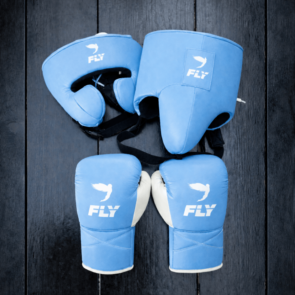 Fly Full Gear Boxing Set Sky-Blue/White 14oz Gloves Training Pack