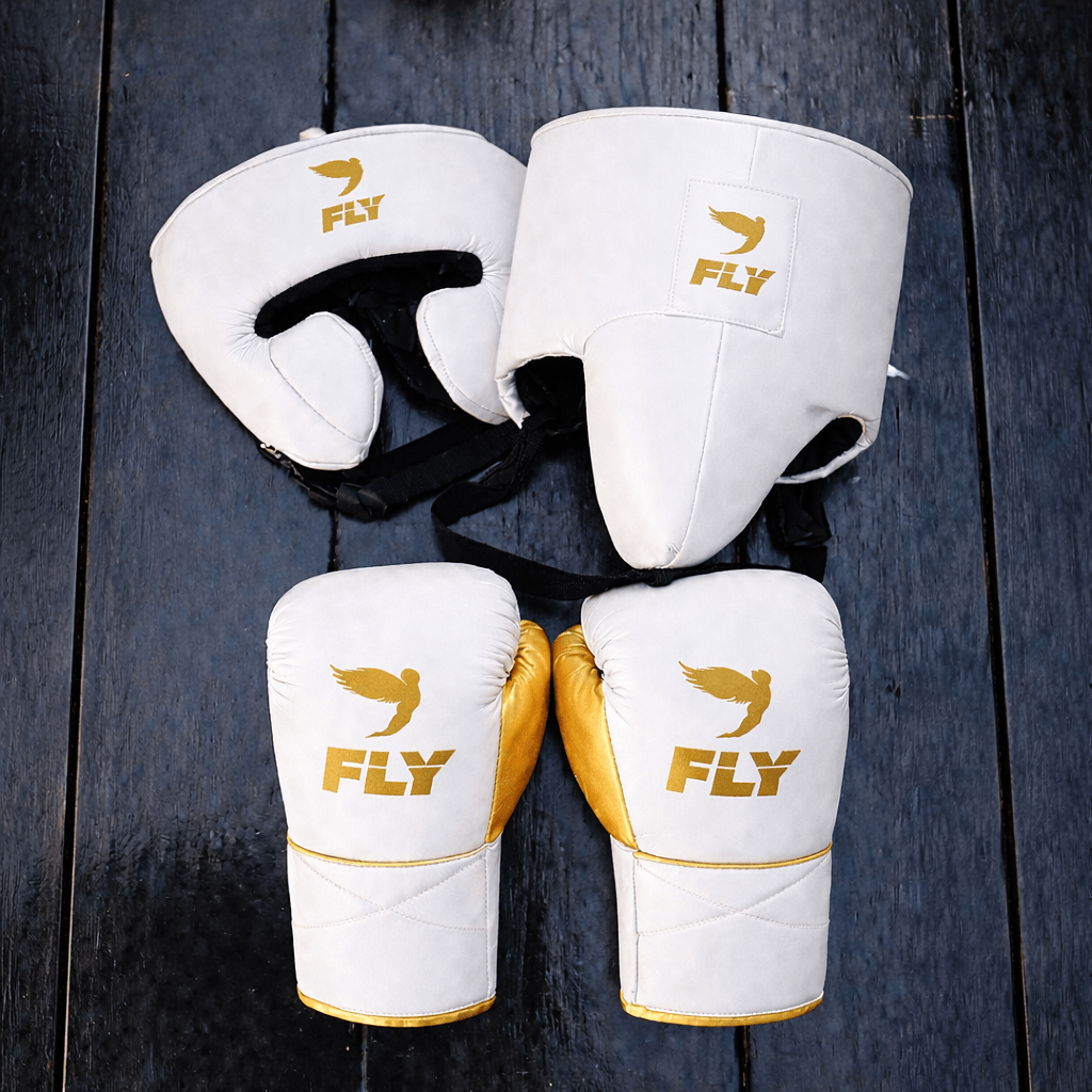 Fly Sea White/Gold Boxing Set Lace-Up Gloves Training Bundle