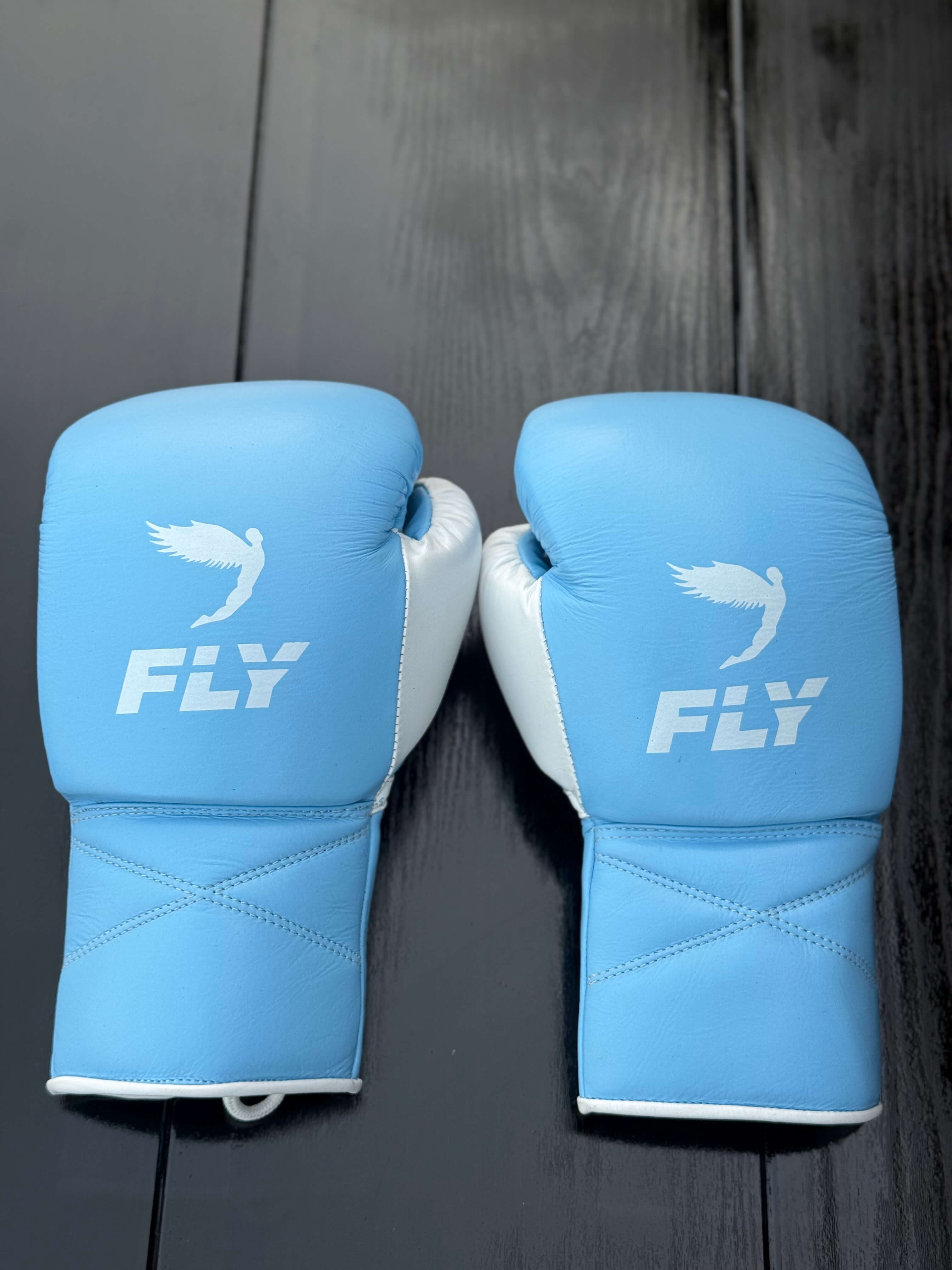 Fly Sky-Blue/White Boxing Gloves Premium Leather Training Pair Back View