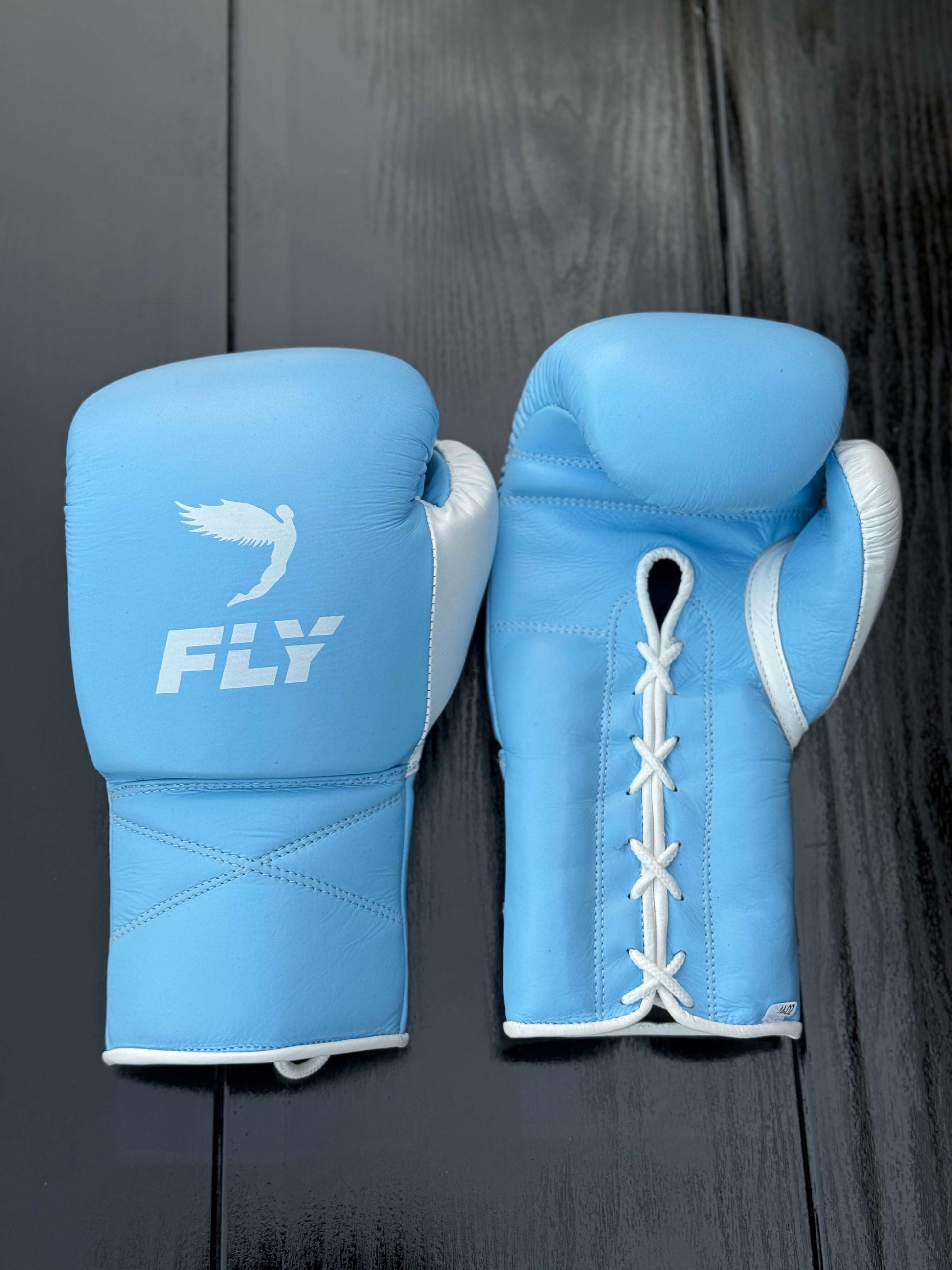 Fly Sky-Blue/White Boxing Gloves Premium Leather Training Pair Front View