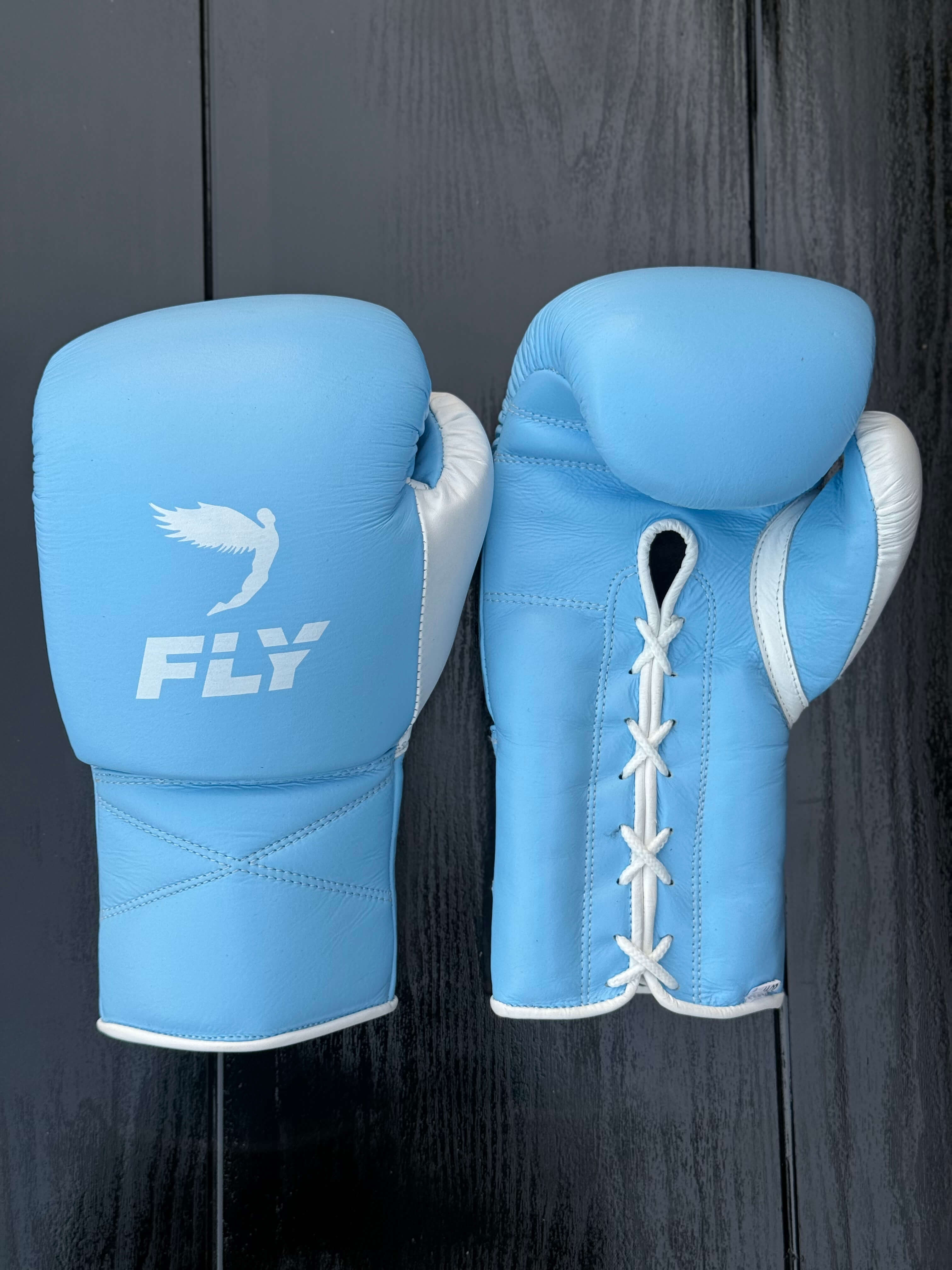 Fly Boxing Gloves Sky-Blue/White Lace Up Leather Gloves Back View