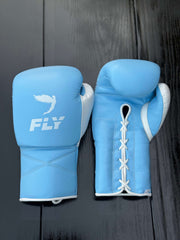 Fly Boxing Gloves Sky-Blue/White Lace Up Leather Gloves Front View