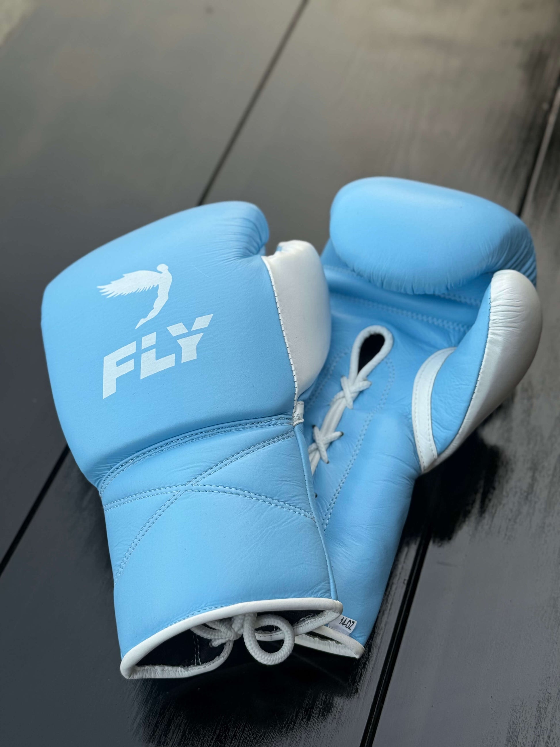Fly Boxing Gloves Sky-Blue/White Lace Up Leather Gloves for Training