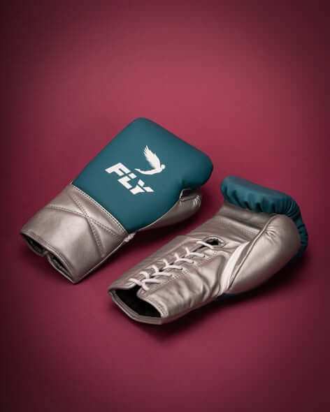 Fly Teal-Brown Lace-Up Boxing Gloves Classic Training Gloves Close-Up View