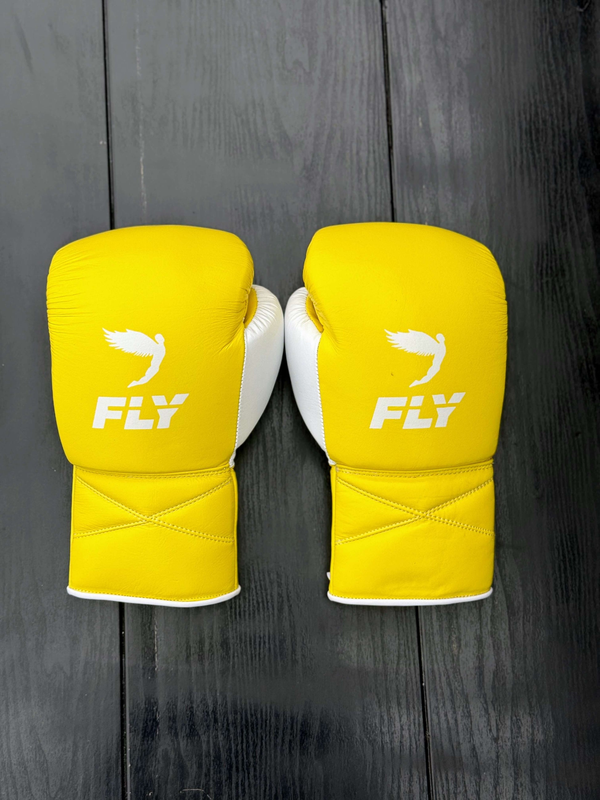 Fly Boxing Gloves Yellow/White Lace Up Leather Gloves Back View