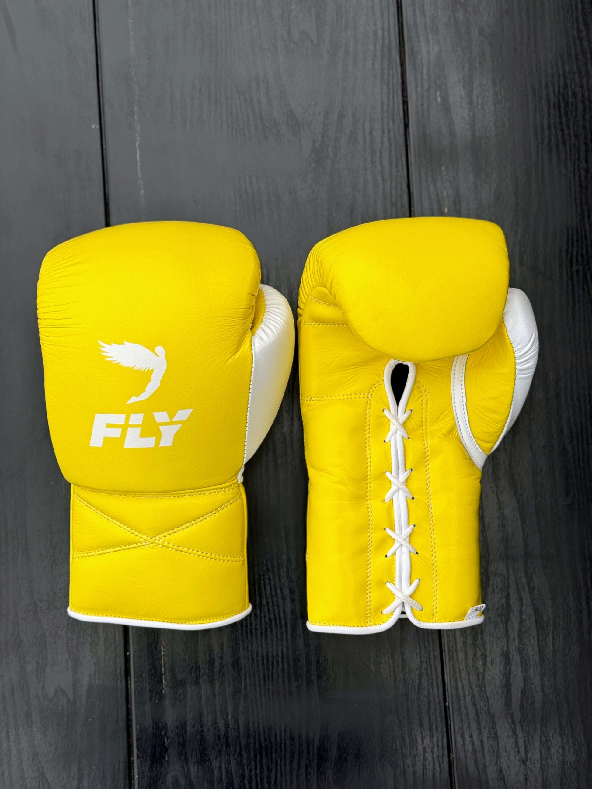 Fly Boxing Gloves Yellow/White Lace Up Leather Gloves Front View