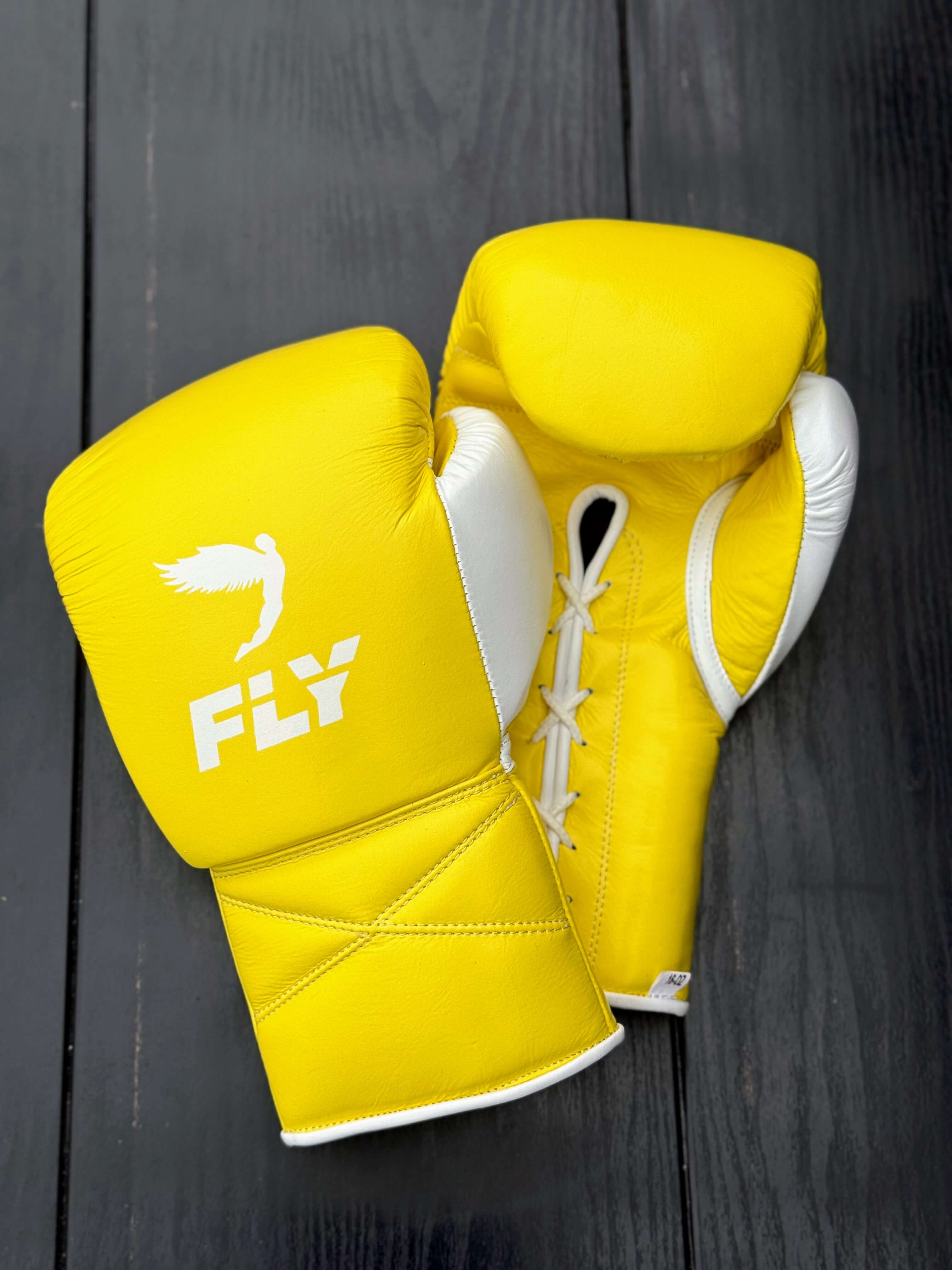 Fly Boxing Gloves Yellow/White Lace Up Leather Gloves for Combat Drills