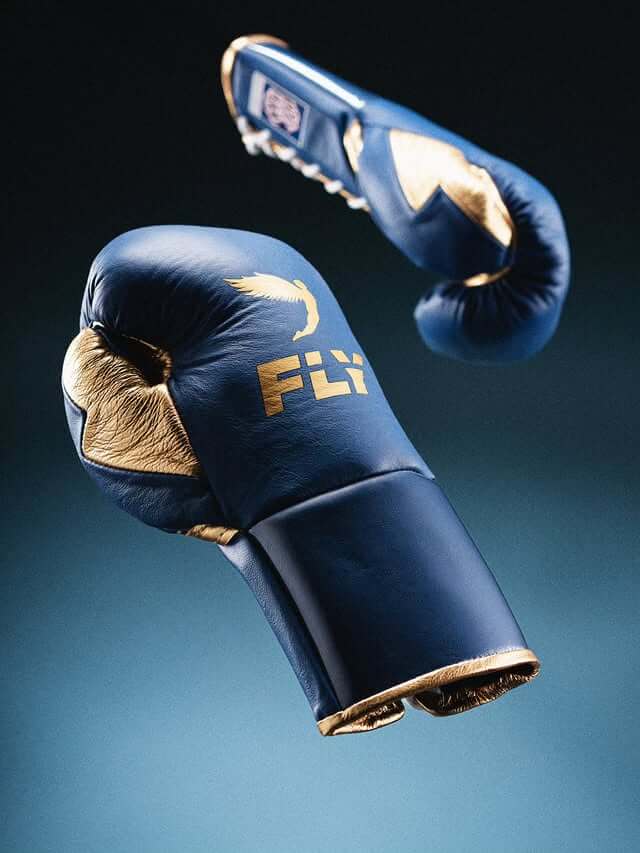 Fly Blue/Gold Lace-Up Boxing Gloves Classic Training Gloves Back View
