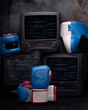 Fly Blue/White/Red Full Boxing Set Gloves Headguard Groin Guard