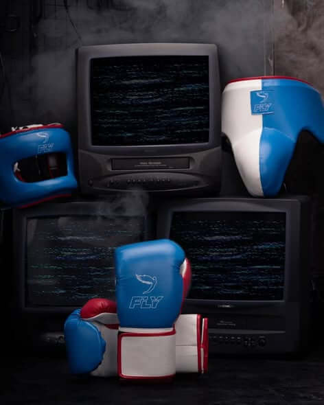 Fly Blue/White/Red Full Boxing Set Gloves Headguard Groin Guard