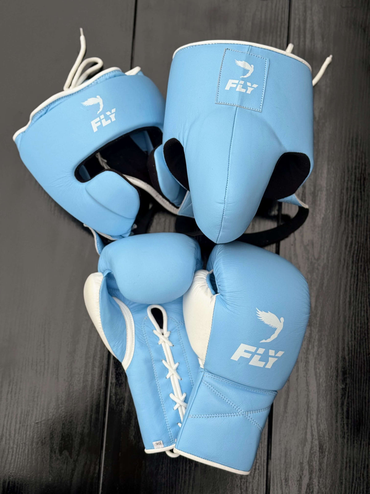 Fly Boxing Set Blue/White Leather Gloves and Mitts for Sparring
