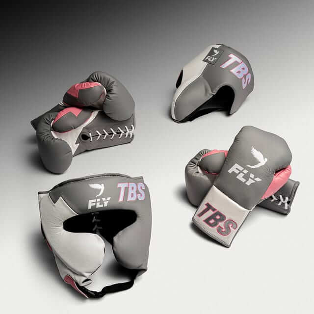 Fly Premium Grey/Pink/White Boxing Set Multiple Items Gloves Headguard View