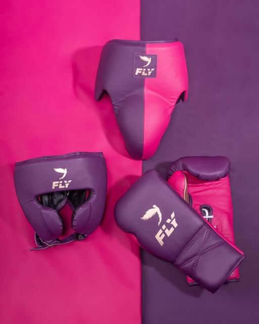 Fly Premium Boxing Set Purple/Pink Items Gloves Headguard View