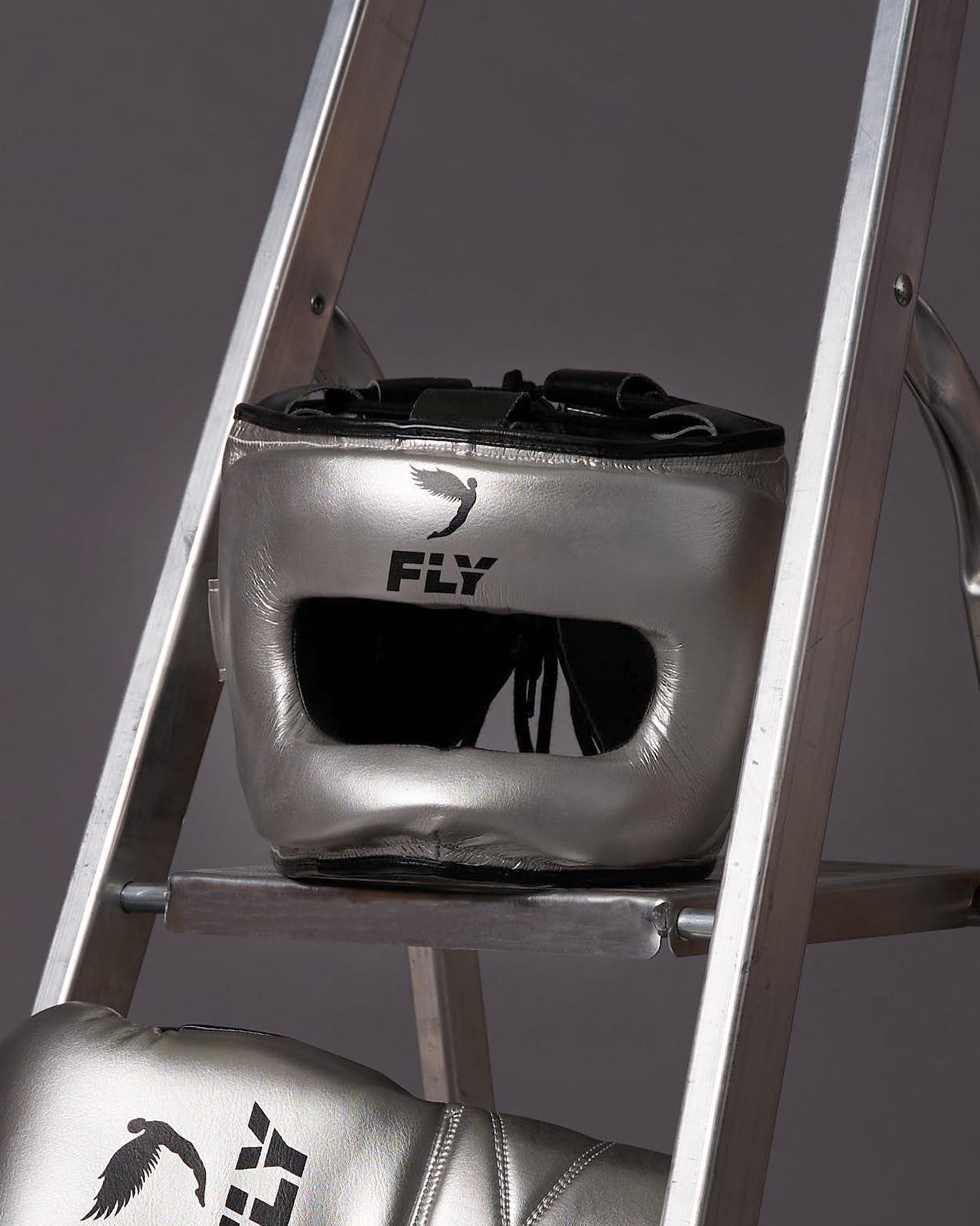 Fly Leather Boxing Set Silver/Black Gym Training Kit Headguard View