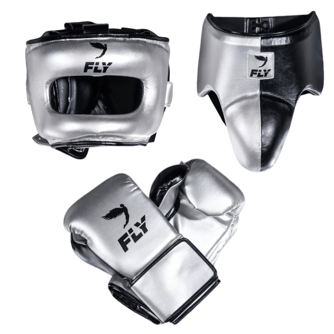 Fly Sparring Boxing Set Silver/Black Complete Gear Bundle