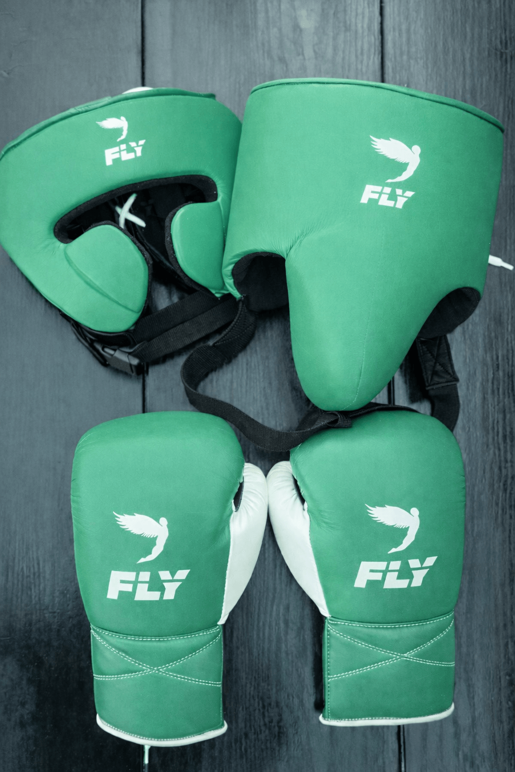 Fly Boxing Set Green/White 14oz Gloves with Headguard Training Kit