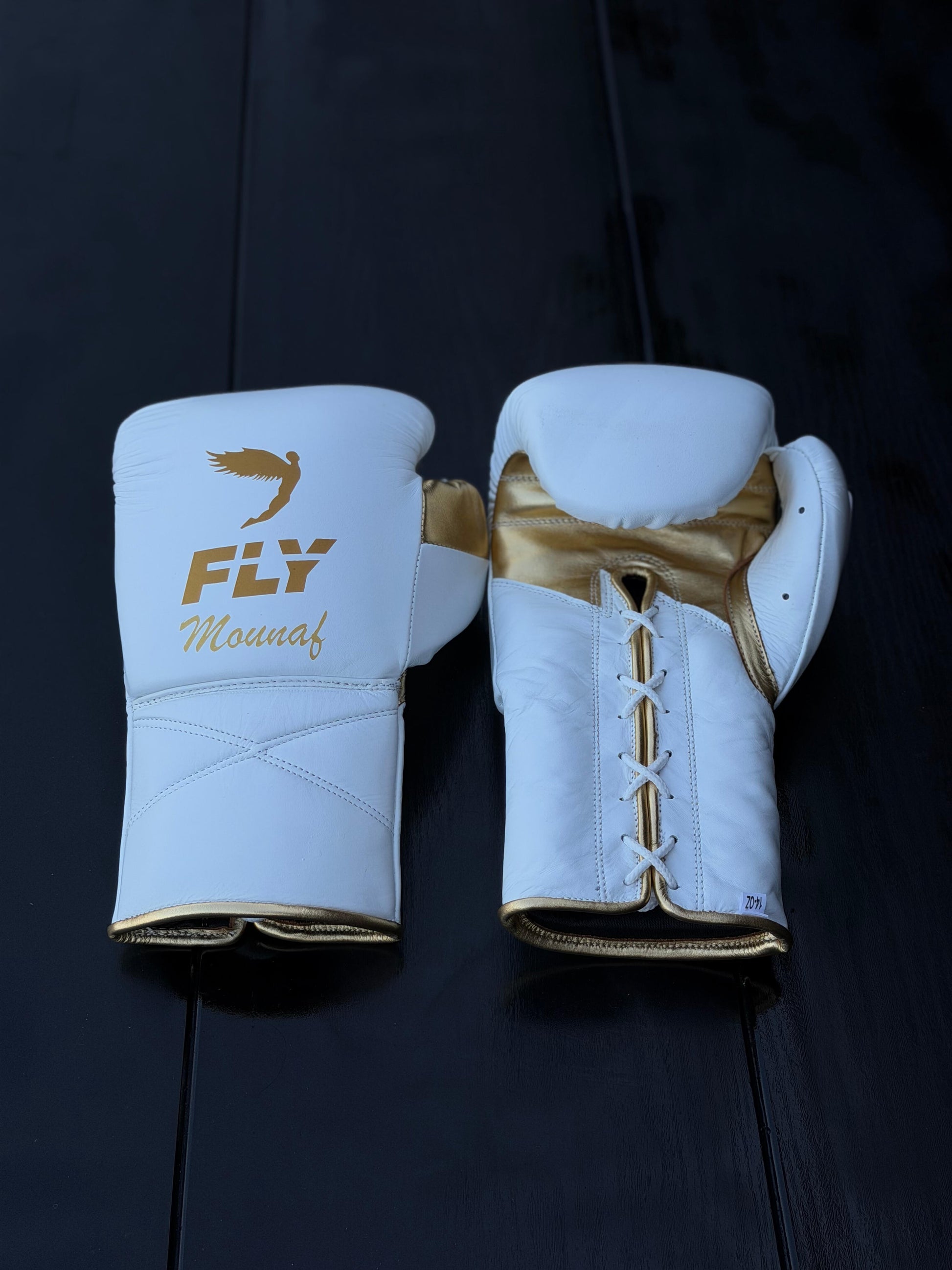 Fly Boxing Set White/Gold Leather Gloves Front View