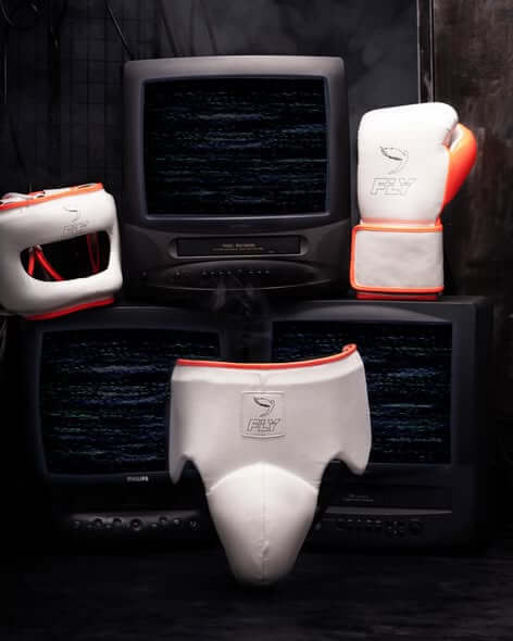 Fly White/Orange Boxing Set 14oz Gloves Full Gear Pack