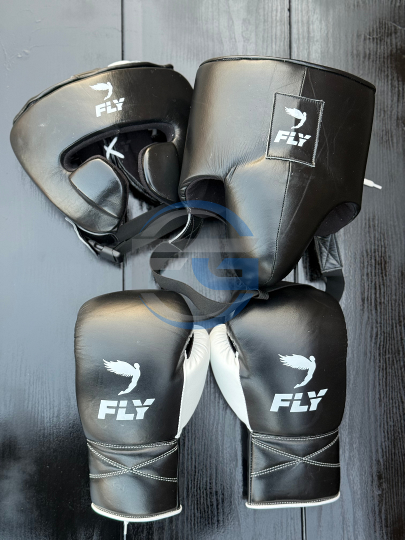Fly Boxing Set | Black/White | Cheek Protector Headgear