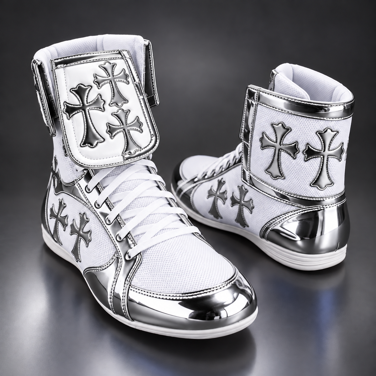 Front view of high-top White/Silver boxing shoes for boxing training
