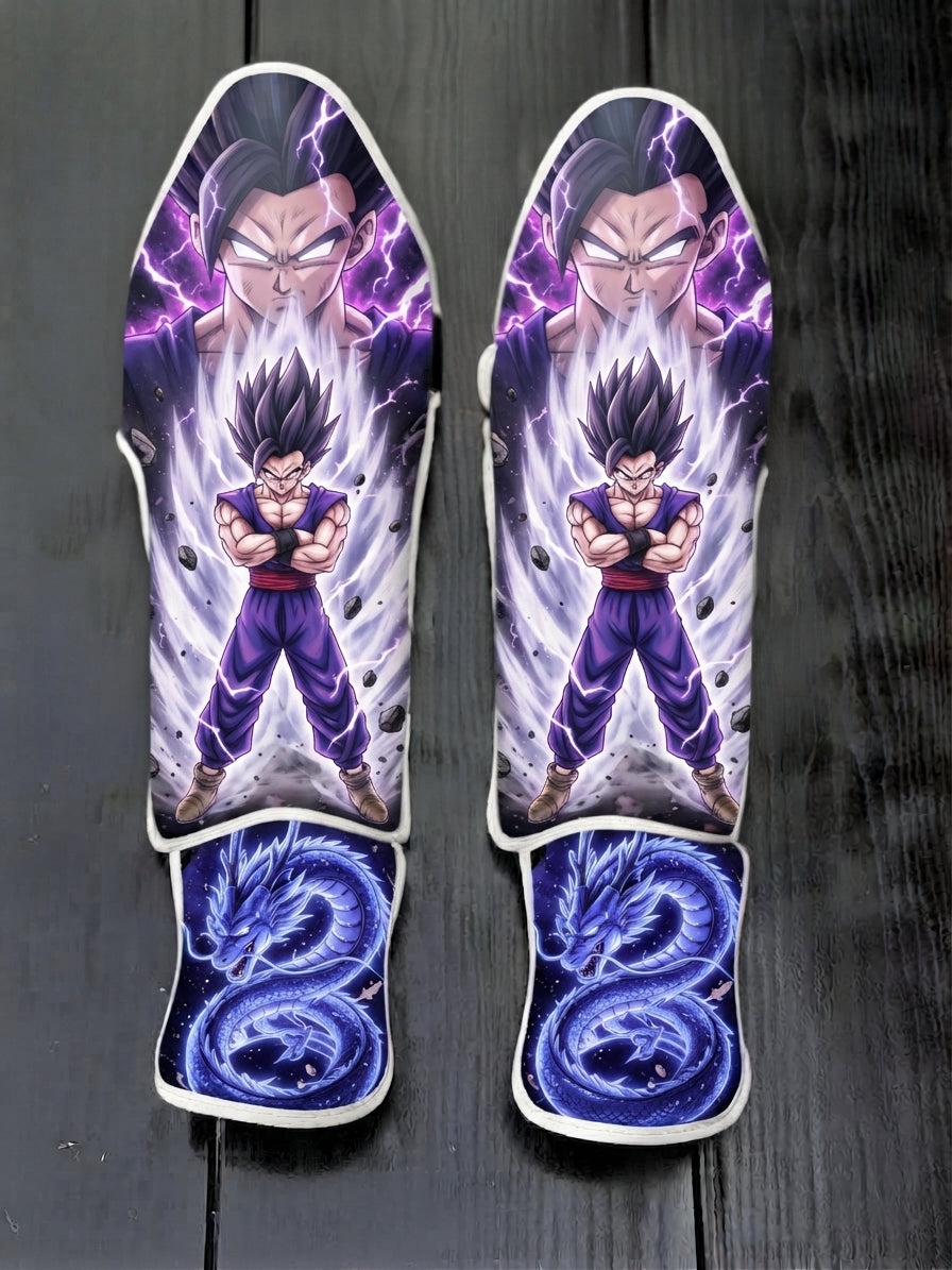 Custom Gohan Beast anime design with purple energy aura and blue dragon soccer shin guards displayed on a dark surface.