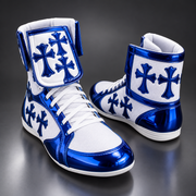Side view of professional boxing boots White Blue with ankle support