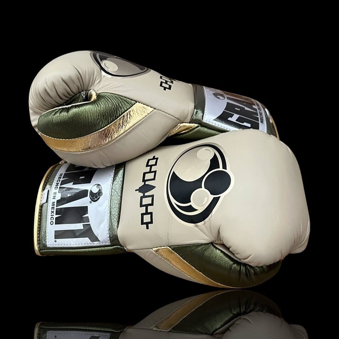 Grant Beige/Green/Gold Lace-Up Boxing Gloves Close Up Details Thumb View