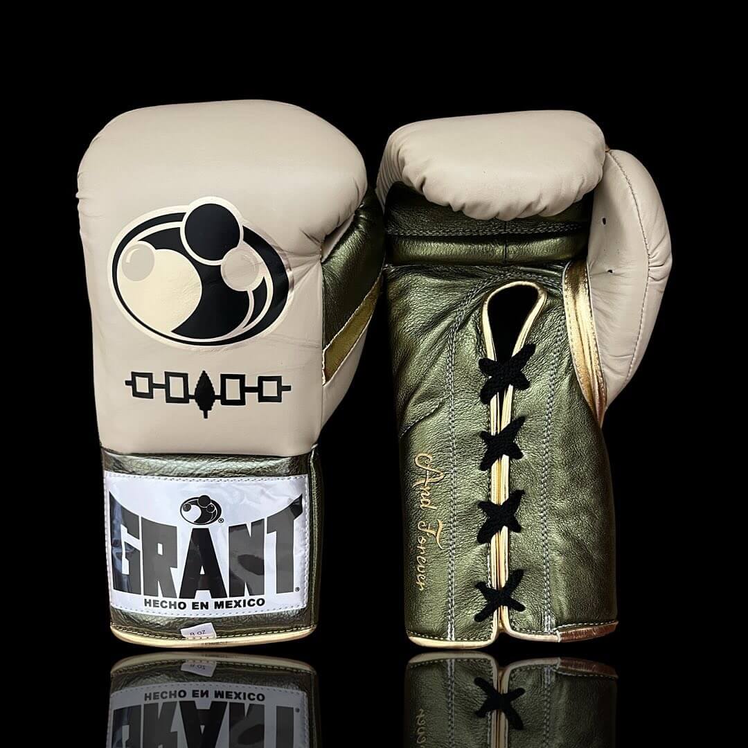 Grant Beige/Green/Gold Lace-Up Boxing Gloves Close Up Details
