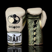 Grant Beige/Green/Gold Lace-Up Boxing Gloves Close Up Details