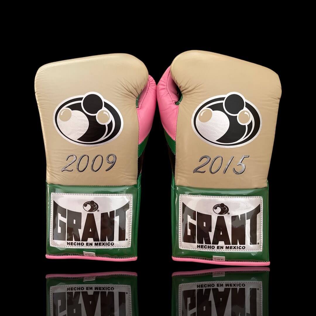 Grant Beige/Green/Pink Boxing Gloves Premium Leather Training Pair Back View