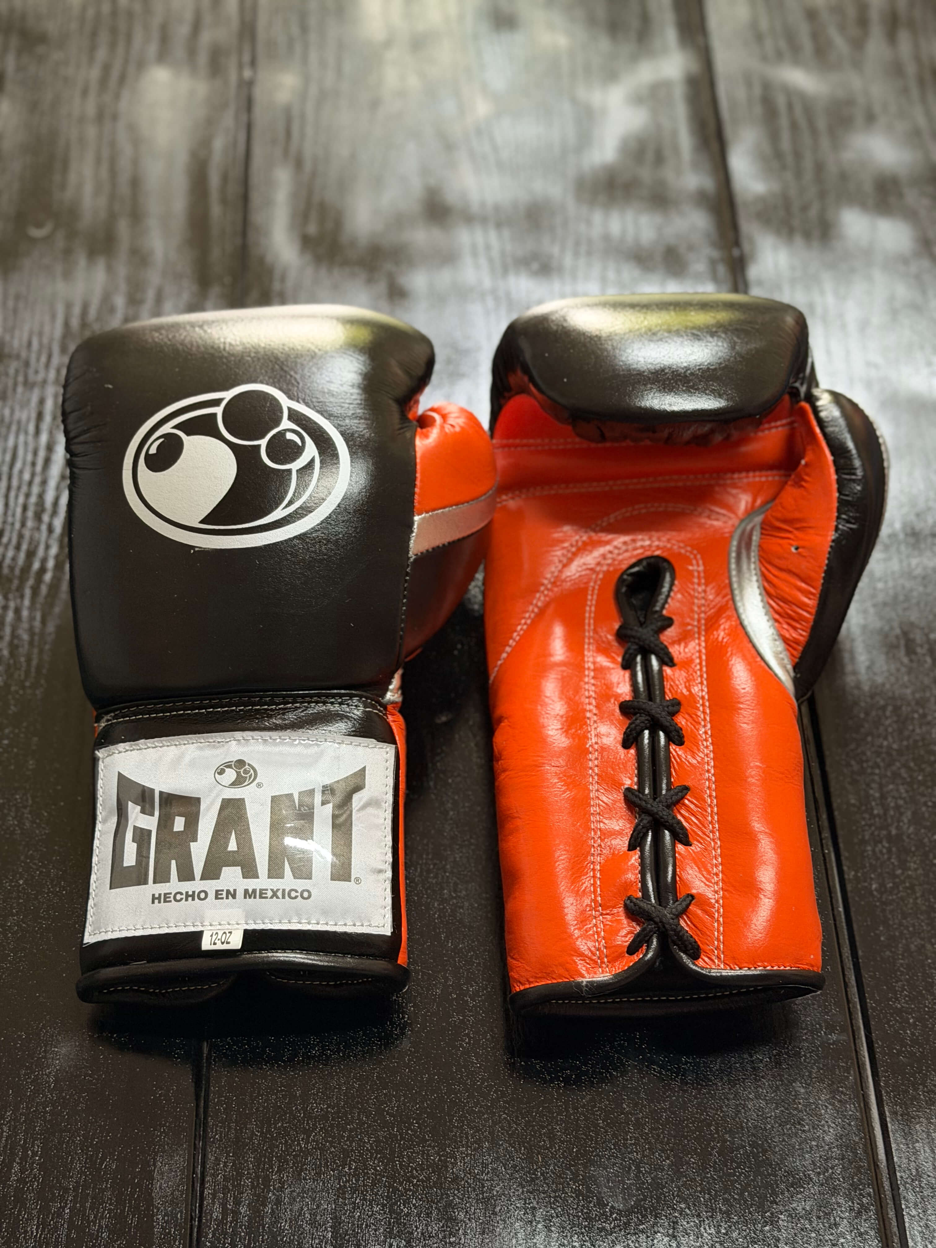 Grant Boxing Gloves Black/Orange/Silver Leather Training Gloves Front View