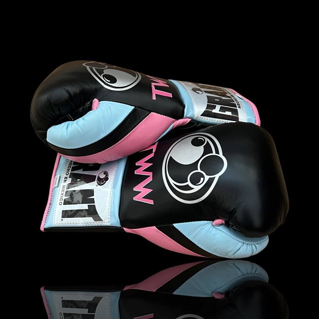 Grant Boxing Gloves Black/Pink/Blue 14oz Leather Training Gloves Thumb View