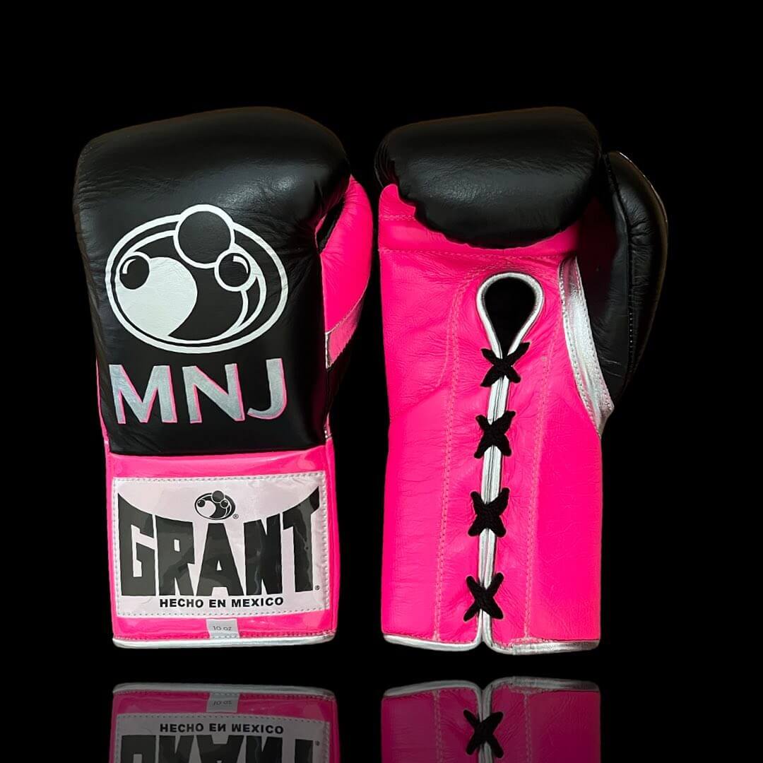 Grant Black/Pink/Silver Lace-Up Boxing Gloves Close Up Detail