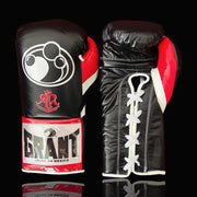 Grant Black/Red/White Lace-Up Boxing Gloves Close Up Detail