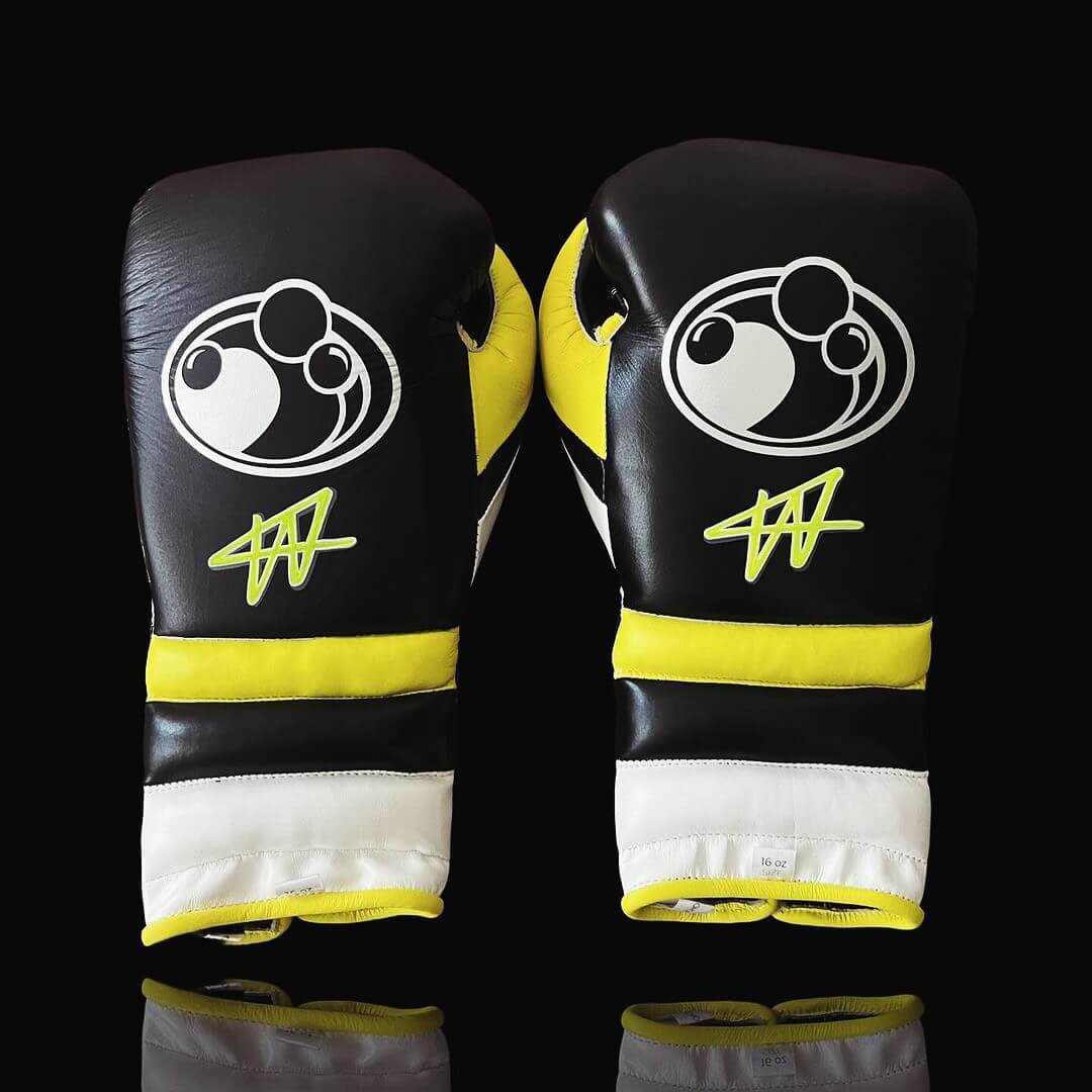 Grant Black/Yellow/White Leather Boxing Gloves Heavy Duty Training Pair Back View