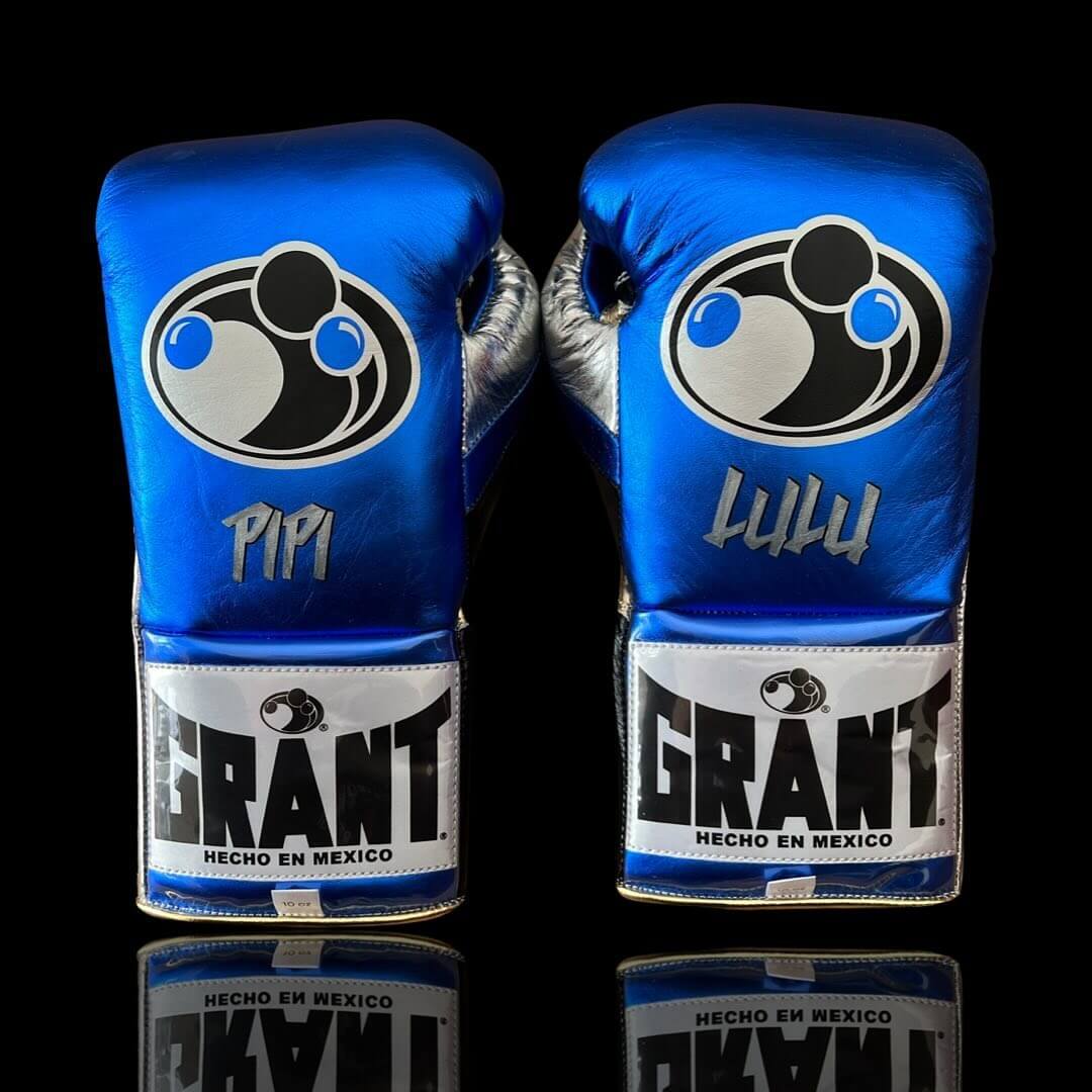 Grant Blue/Black/Silver/Gold Leather Boxing Gloves Custom Fit Training Back View
