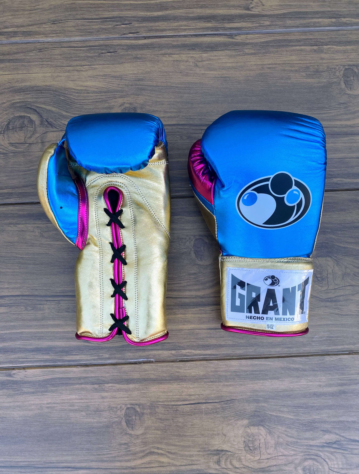 Grant Boxing Gloves Blue/Gold/Pink lack Lace Up Leather Gloves Front View